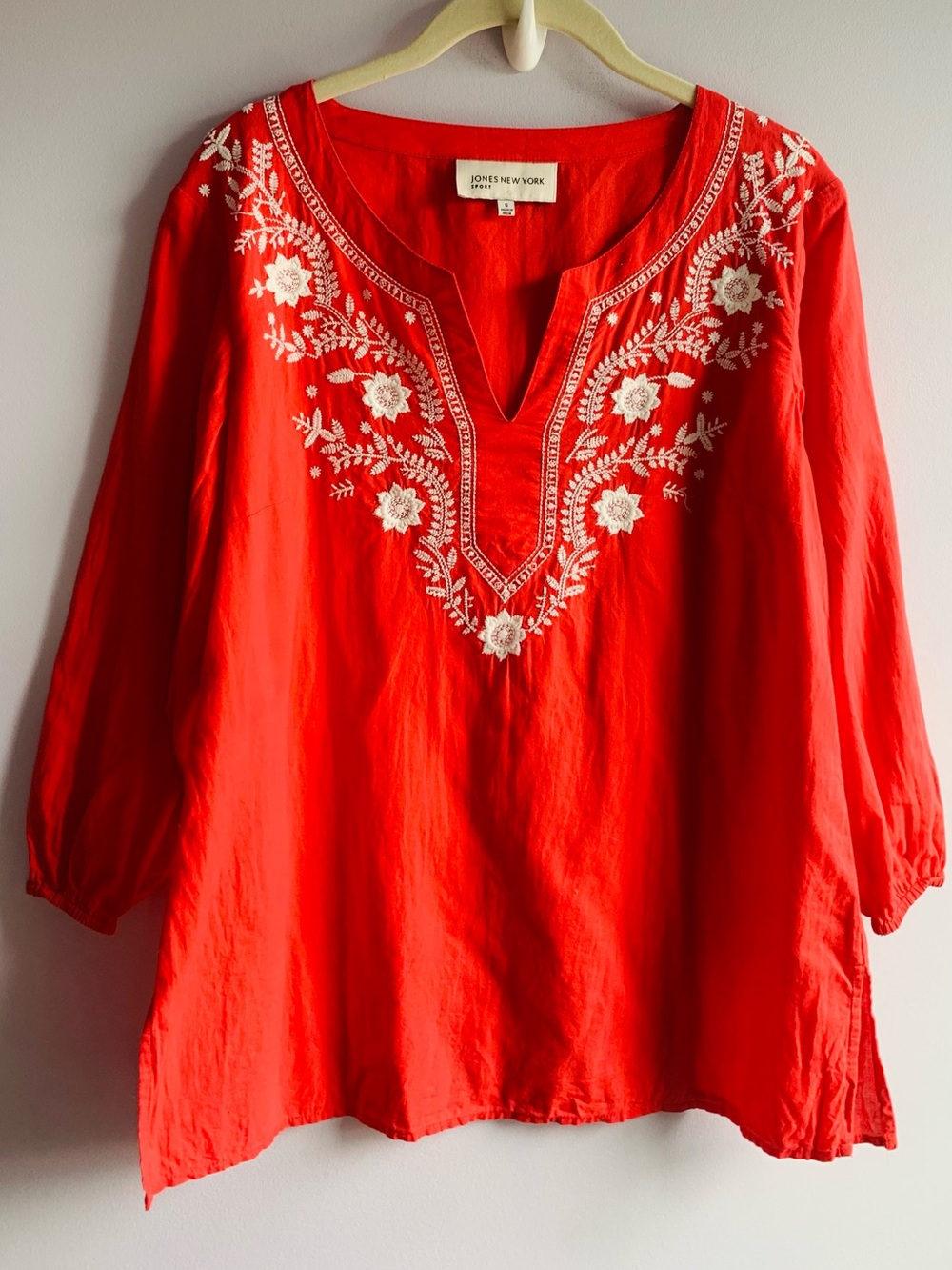 Embroidered Boho Cotton Blouse Top Tangerine Orange Cream Long Sleeve EUC Small
